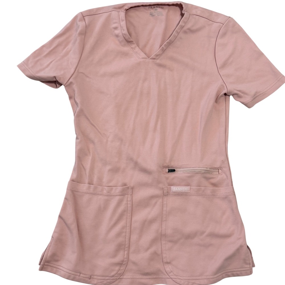 Jaanuu Womens V-Neck Scrub Top Mauve Pink XS 3 Pocket Zippered So Soft Nurse
